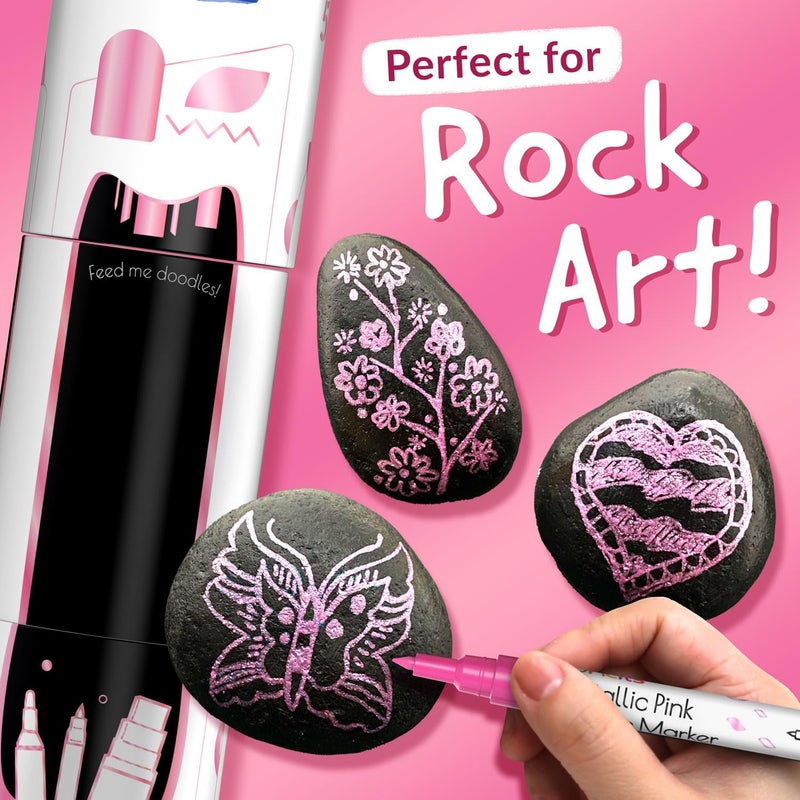 Funcils 5 Acrylic Metallic Pink Paint Pen - Extra Fine Tip, Thin & Jumbo (1mm, 3mm, 6mm, 10mm, 15mm) - Paint Markers for Metal, Rocks, Plastic, Canvas, Wood, Fabric, Tire, Glass. Pink Permanent Marker - Image 3